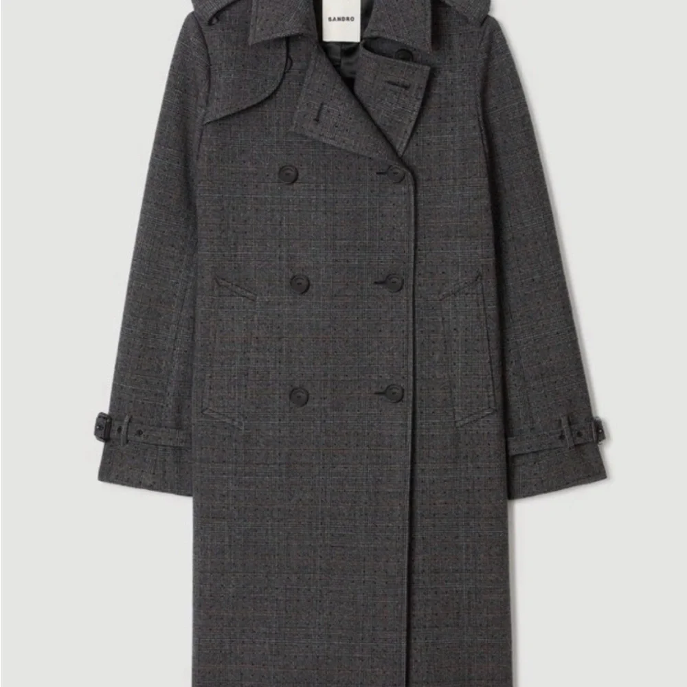 Sandro Checked Rhinestone-Embellished Trench Coat in Gray & Blue - Picture 4 of 9